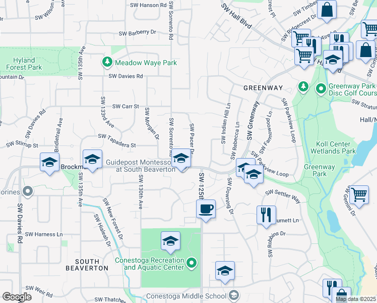 map of restaurants, bars, coffee shops, grocery stores, and more near 8895 Southwest Pacer Drive in Beaverton