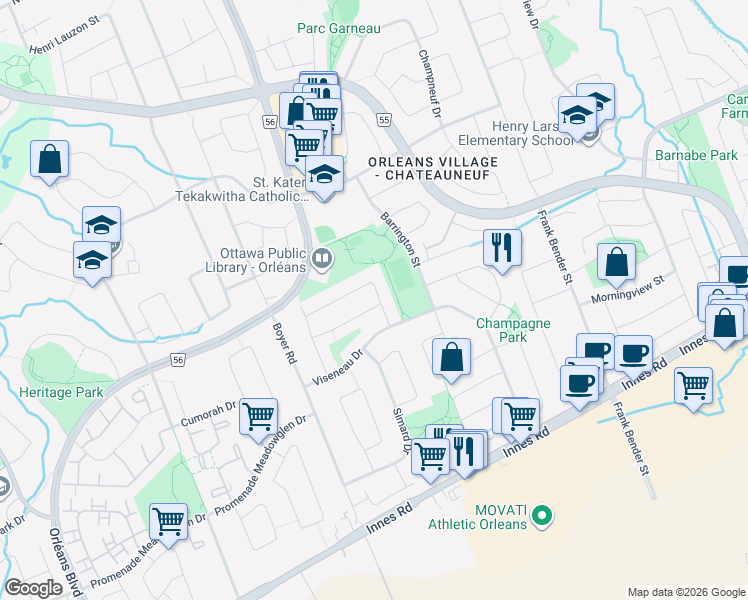 map of restaurants, bars, coffee shops, grocery stores, and more near 6384 Larmond Avenue in Ottawa