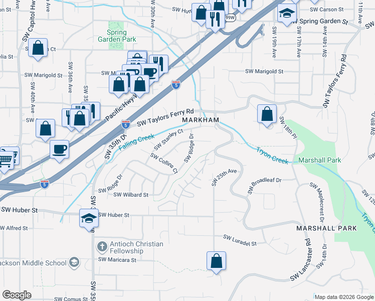 map of restaurants, bars, coffee shops, grocery stores, and more near 2641 Southwest Ridge Drive in Portland