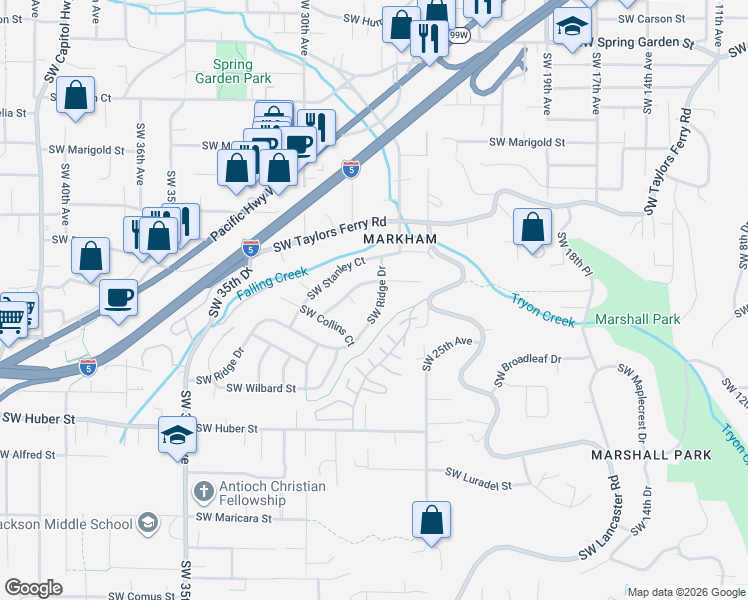 map of restaurants, bars, coffee shops, grocery stores, and more near 2637 Southwest Ridge Drive in Portland