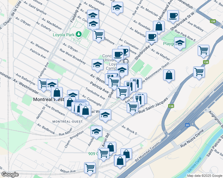 map of restaurants, bars, coffee shops, grocery stores, and more near 7363 Rue Sherbrooke Ouest in Montréal