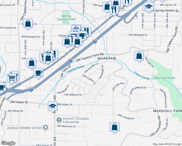 map of restaurants, bars, coffee shops, grocery stores, and more near 2911 Southwest Plum Court in Portland