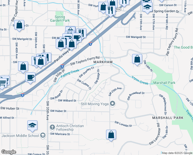 map of restaurants, bars, coffee shops, grocery stores, and more near 2641 Southwest Ridge Drive in Portland