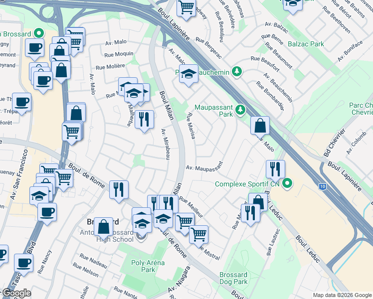 map of restaurants, bars, coffee shops, grocery stores, and more near 7485 Boulevard Milan in Brossard