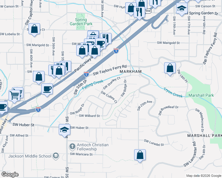 map of restaurants, bars, coffee shops, grocery stores, and more near 2911 Southwest Plum Court in Portland