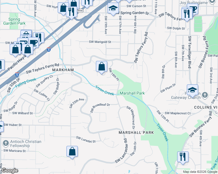 map of restaurants, bars, coffee shops, grocery stores, and more near 1838 Southwest Collins Court in Portland