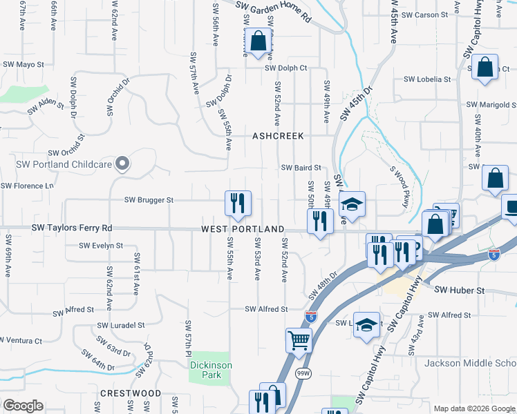 map of restaurants, bars, coffee shops, grocery stores, and more near 9611 Southwest 53rd Avenue in Portland