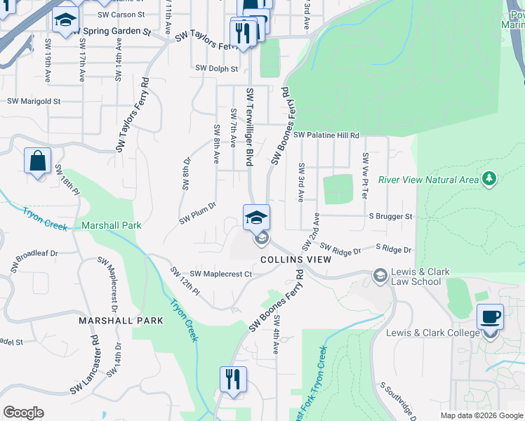 map of restaurants, bars, coffee shops, grocery stores, and more near 9520 Southwest Boones Ferry Road in Portland