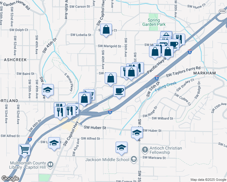 map of restaurants, bars, coffee shops, grocery stores, and more near 3828 Southwest Plum Street in Portland