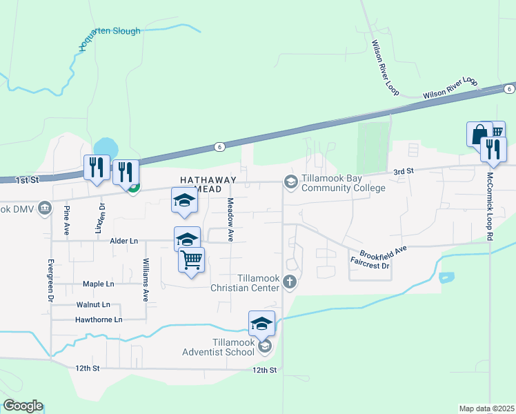map of restaurants, bars, coffee shops, grocery stores, and more near 4210 Marolf Plaza in Tillamook