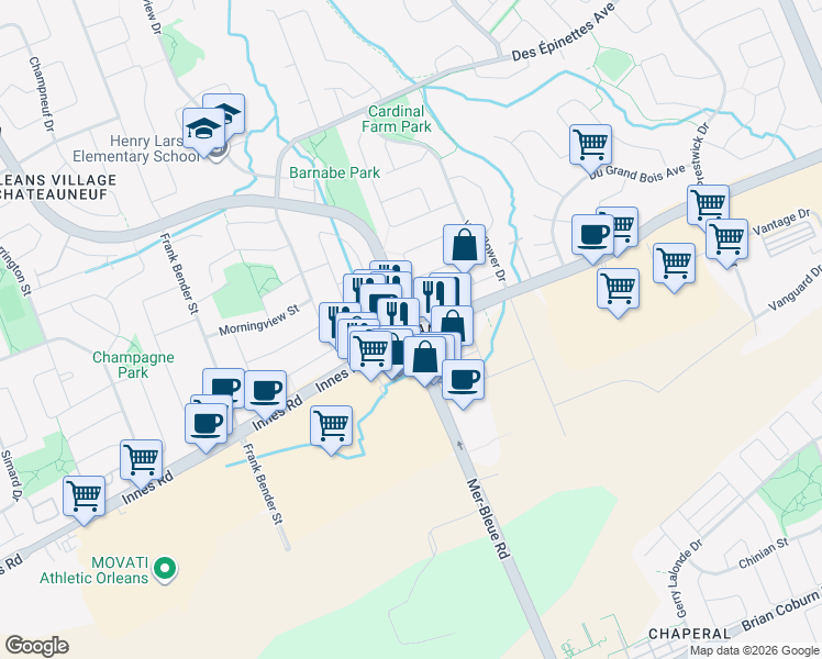 map of restaurants, bars, coffee shops, grocery stores, and more near in Ottawa