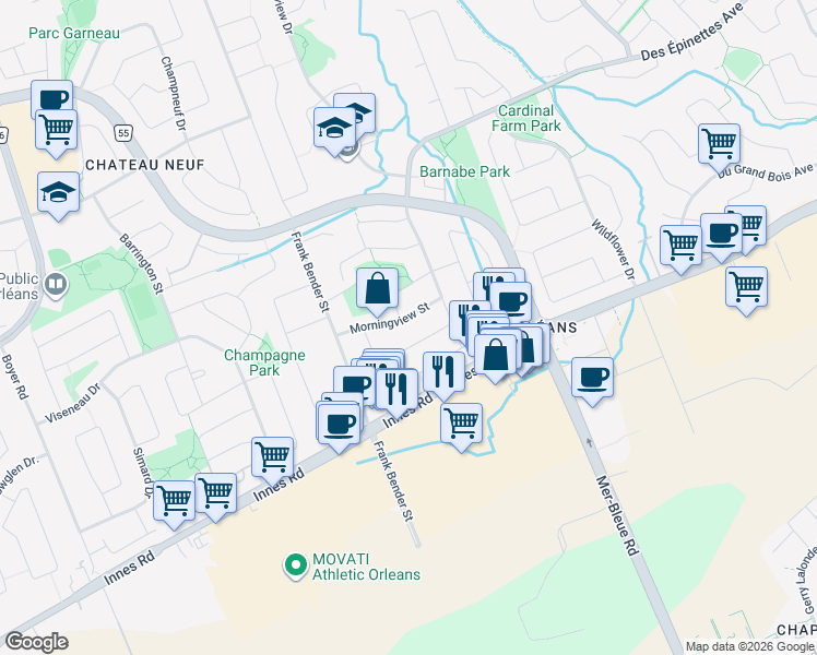 map of restaurants, bars, coffee shops, grocery stores, and more near 6586 Morningview Street in Ottawa