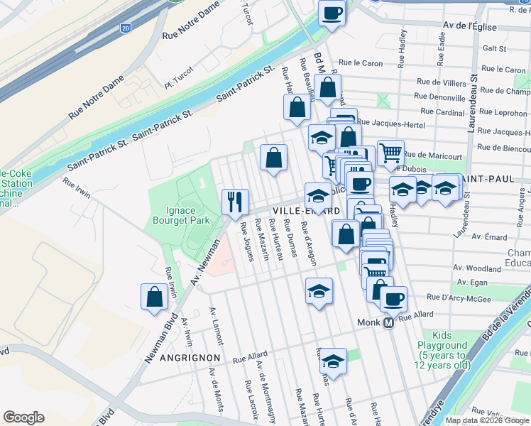 map of restaurants, bars, coffee shops, grocery stores, and more near 2900 Rue Jolicoeur in Montréal