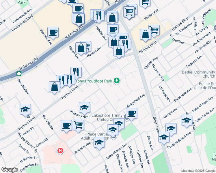 map of restaurants, bars, coffee shops, grocery stores, and more near 17 Avenue Gendron in Pointe-Claire