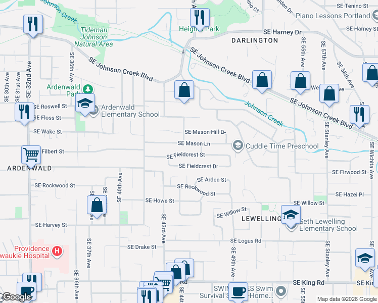 map of restaurants, bars, coffee shops, grocery stores, and more near 4525 Southeast Fieldcrest Street in Milwaukie