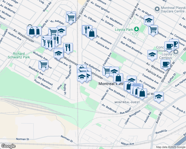 map of restaurants, bars, coffee shops, grocery stores, and more near 300 Westminster North in Montréal-Ouest