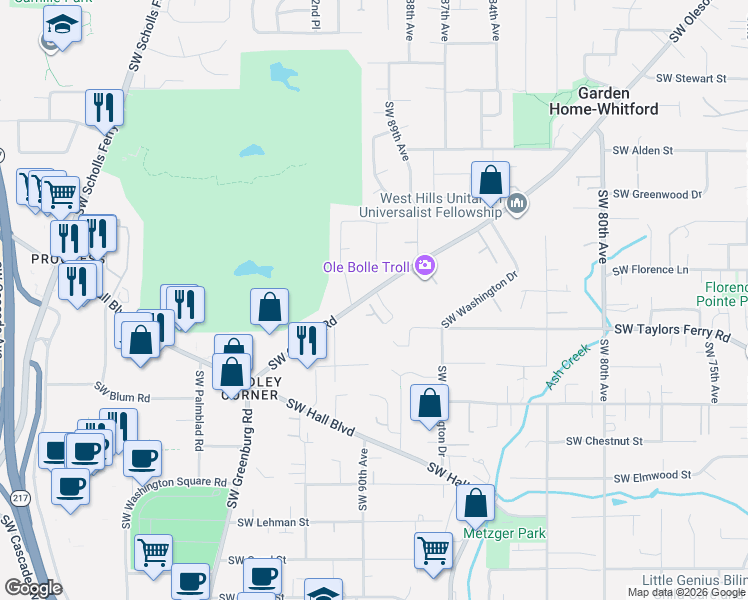 map of restaurants, bars, coffee shops, grocery stores, and more near 8988 Southwest Taylors Ferry Road in Portland