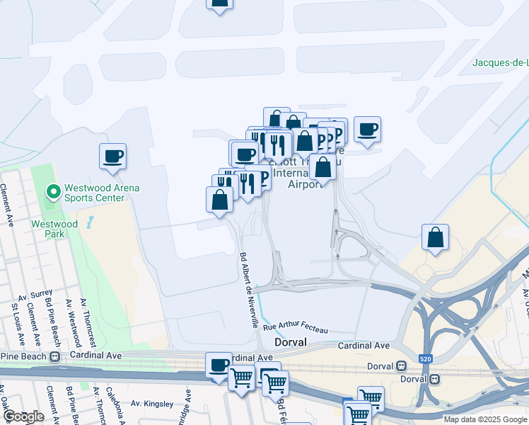 map of restaurants, bars, coffee shops, grocery stores, and more near 975 Boulevard Roméo Vachon Nord in Dorval