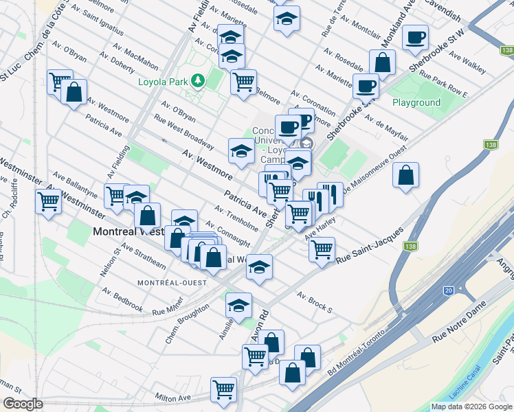 map of restaurants, bars, coffee shops, grocery stores, and more near 3455 Avenue Patricia in Montréal