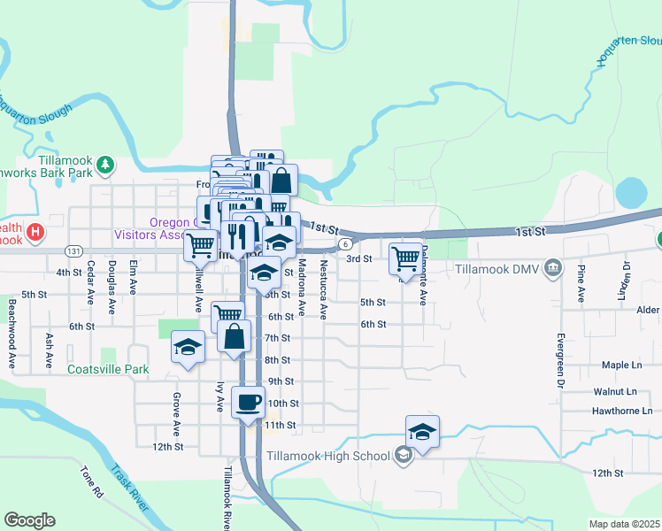 map of restaurants, bars, coffee shops, grocery stores, and more near 2311 3rd Street in Tillamook