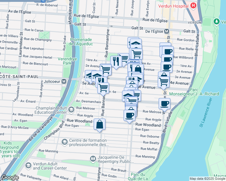 map of restaurants, bars, coffee shops, grocery stores, and more near 813 6e Avenue in Montréal