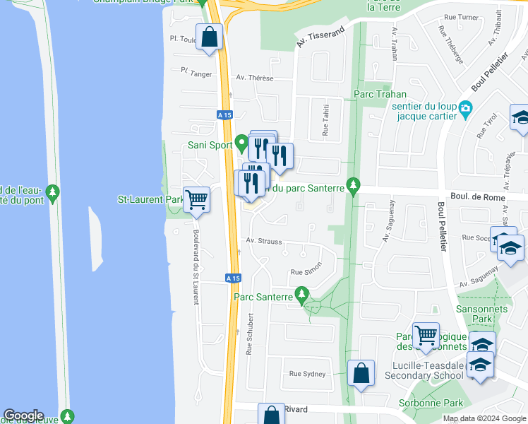map of restaurants, bars, coffee shops, grocery stores, and more near 566 Avenue Stravinski in Brossard