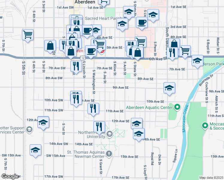 map of restaurants, bars, coffee shops, grocery stores, and more near 318 9th Avenue Southwest in Aberdeen