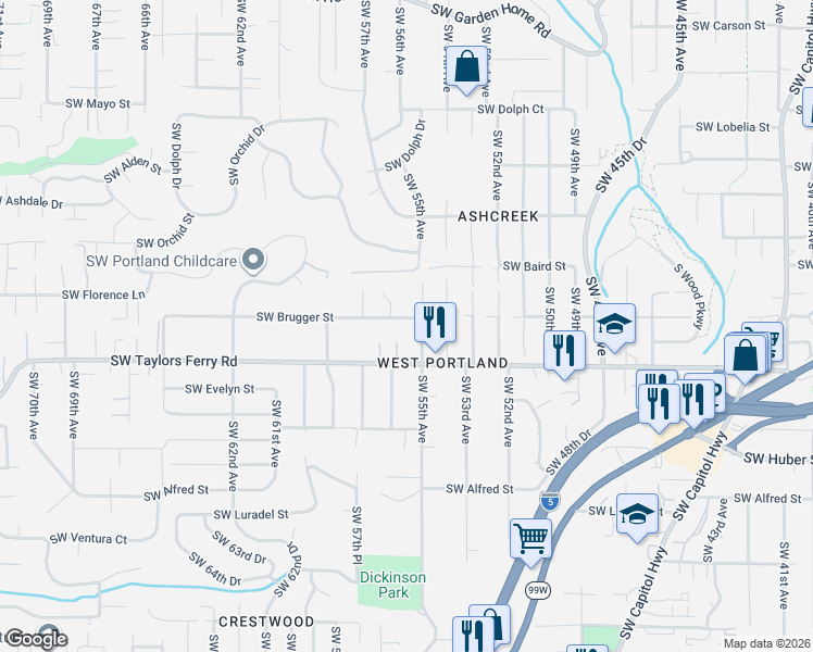 map of restaurants, bars, coffee shops, grocery stores, and more near 5560 Southwest Brugger Street in Portland