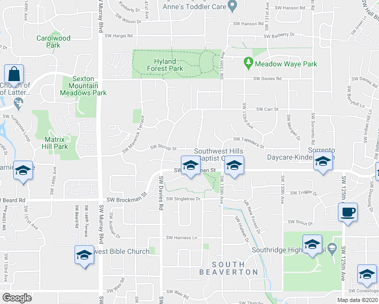 map of restaurants, bars, coffee shops, grocery stores, and more near 13750 Southwest Stirrup Street in Beaverton