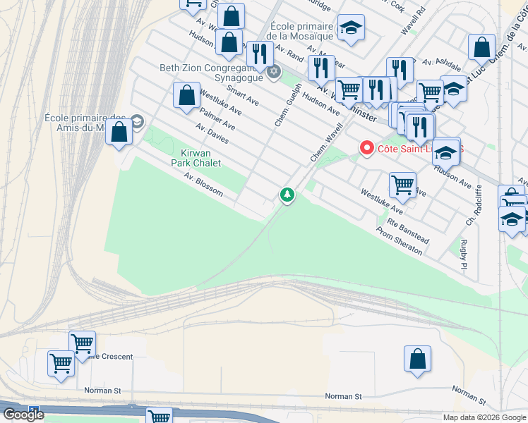 map of restaurants, bars, coffee shops, grocery stores, and more near 5607 Avenue Blossom in Côte Saint-Luc