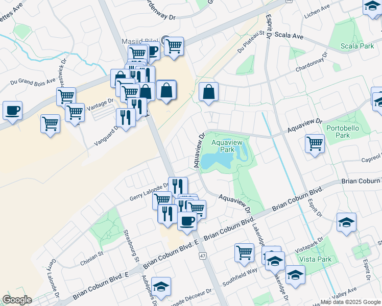 map of restaurants, bars, coffee shops, grocery stores, and more near 39 Watchim Street in Ottawa