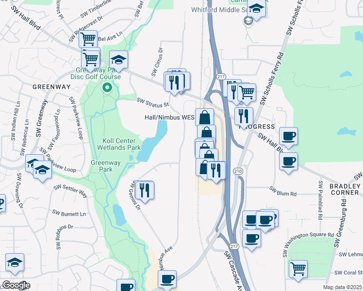 map of restaurants, bars, coffee shops, grocery stores, and more near 8880 Southwest Nimbus Avenue in Beaverton