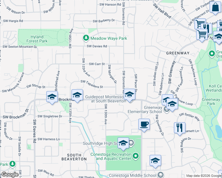 map of restaurants, bars, coffee shops, grocery stores, and more near 12920 Southwest Tapadera Street in Beaverton