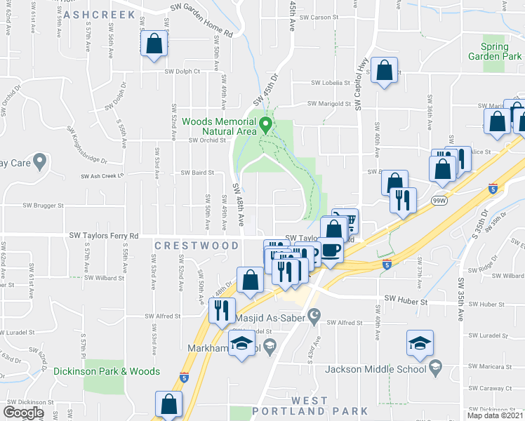 map of restaurants, bars, coffee shops, grocery stores, and more near 9607 Southwest 47th Avenue in Portland