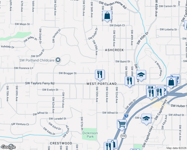 map of restaurants, bars, coffee shops, grocery stores, and more near 5560 Southwest Brugger Street in Portland