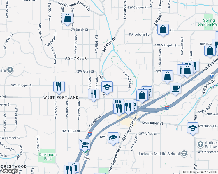 map of restaurants, bars, coffee shops, grocery stores, and more near 9607 Southwest 47th Avenue in Portland