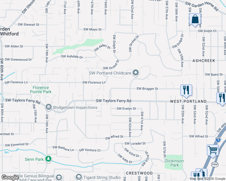 map of restaurants, bars, coffee shops, grocery stores, and more near 6434 Southwest 65th Avenue in Portland