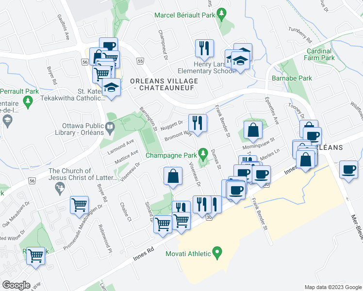map of restaurants, bars, coffee shops, grocery stores, and more near 1794 Radway Terrace in Ottawa