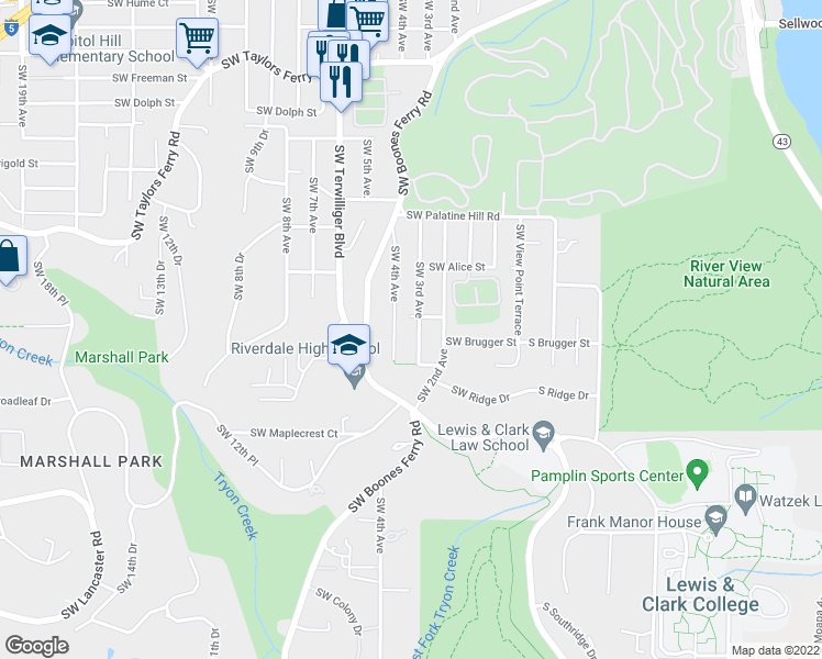 map of restaurants, bars, coffee shops, grocery stores, and more near 9521 Southwest 3rd Avenue in Portland