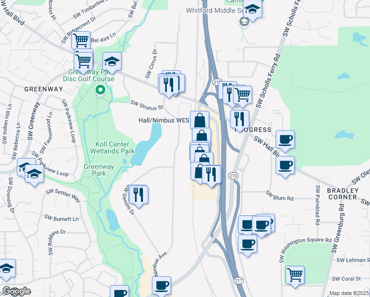 map of restaurants, bars, coffee shops, grocery stores, and more near 8880-8900 Southwest Nimbus Avenue in Beaverton