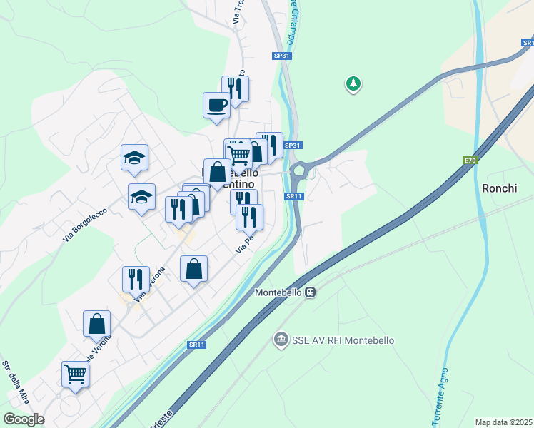 map of restaurants, bars, coffee shops, grocery stores, and more near 40 Via Po in Montebello Vicentino