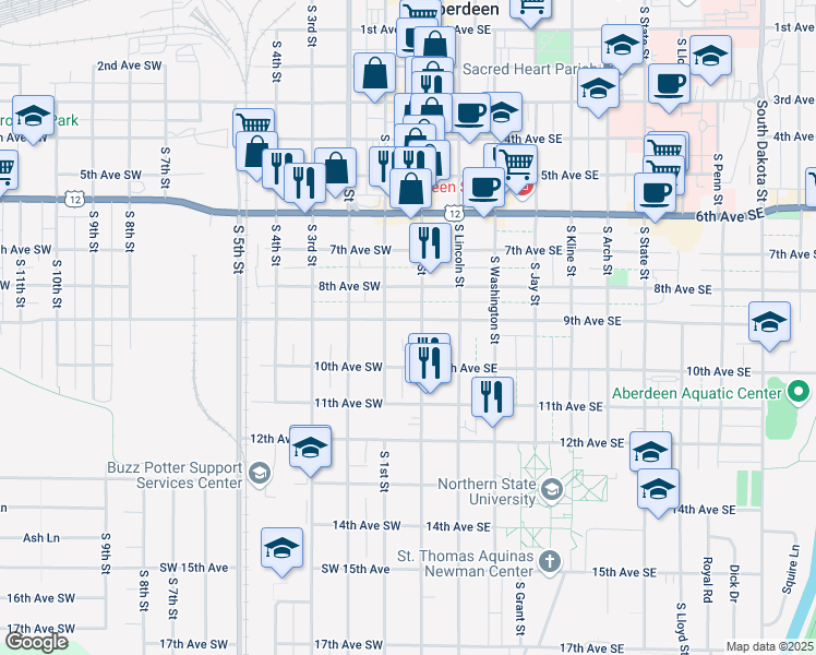 map of restaurants, bars, coffee shops, grocery stores, and more near 7 9th Avenue Southwest in Aberdeen