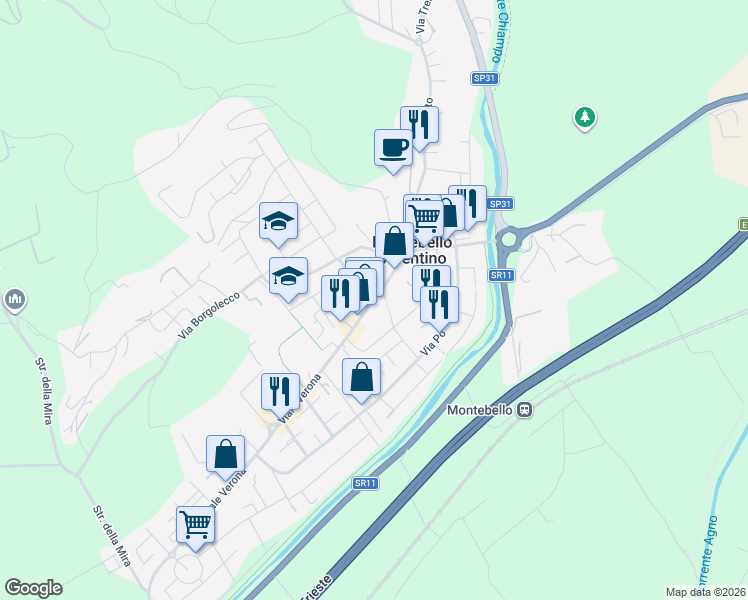 map of restaurants, bars, coffee shops, grocery stores, and more near 39 Via Generale Vaccari in Montebello Vicentino