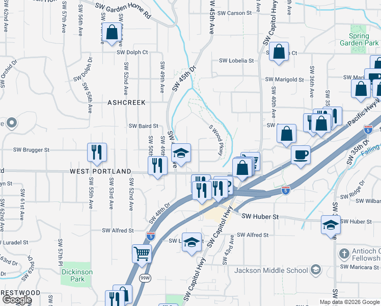 map of restaurants, bars, coffee shops, grocery stores, and more near 9607 Southwest 47th Avenue in Portland