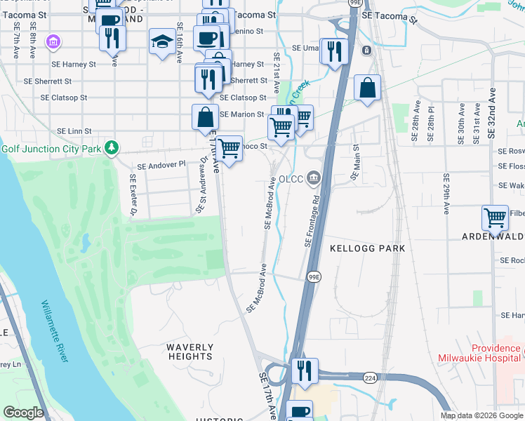 map of restaurants, bars, coffee shops, grocery stores, and more near 9255 Southeast McBrod Avenue in Milwaukie