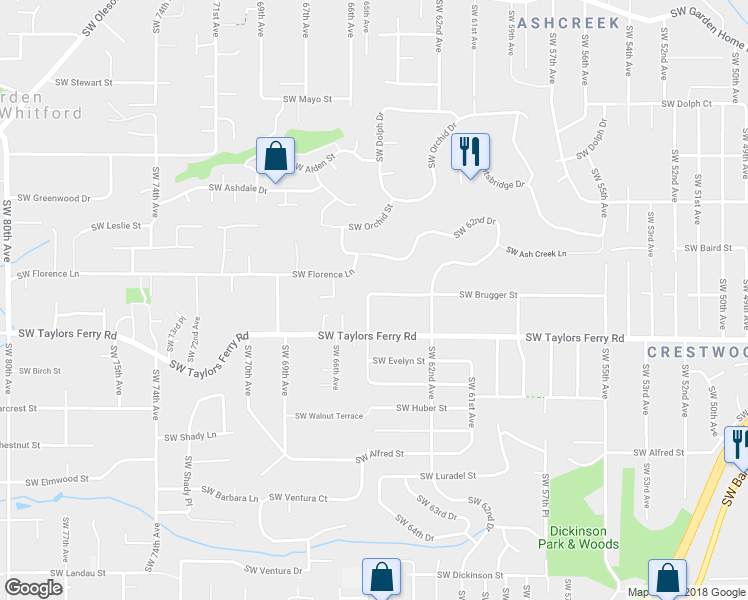 map of restaurants, bars, coffee shops, grocery stores, and more near 6434 Southwest Brugger Street in Portland