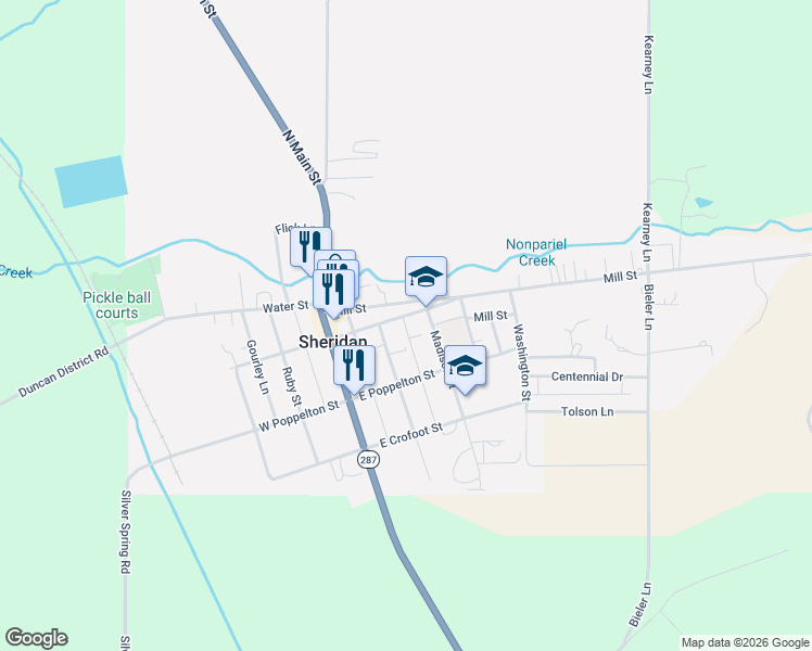 map of restaurants, bars, coffee shops, grocery stores, and more near 202 E Hamilton St in Sheridan