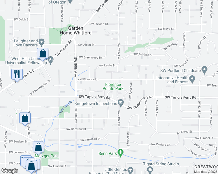 map of restaurants, bars, coffee shops, grocery stores, and more near 7524 Southwest Florence Lane in Portland