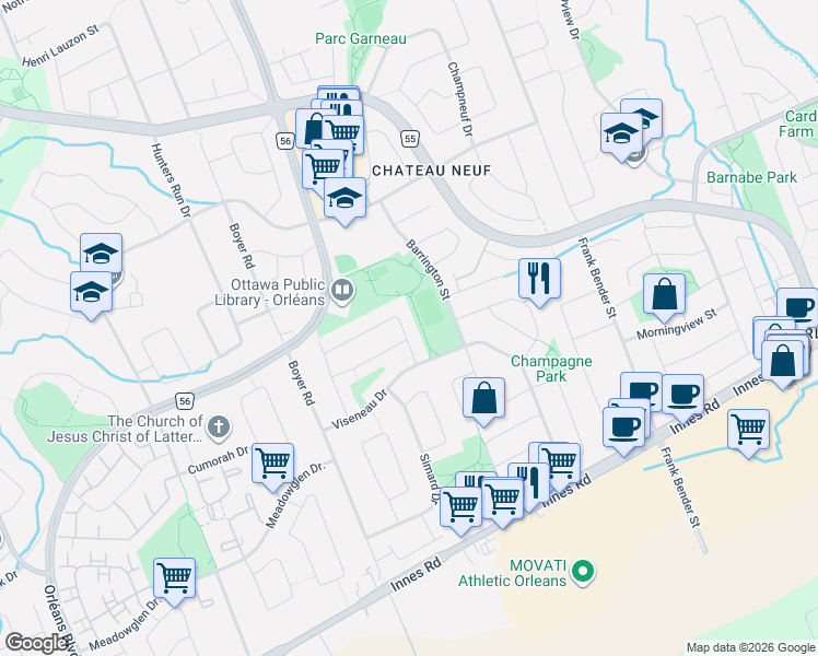 map of restaurants, bars, coffee shops, grocery stores, and more near 6383 Larmond Avenue in Ottawa