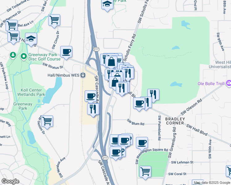 map of restaurants, bars, coffee shops, grocery stores, and more near 8880 Southwest Scholls Ferry Road in Portland